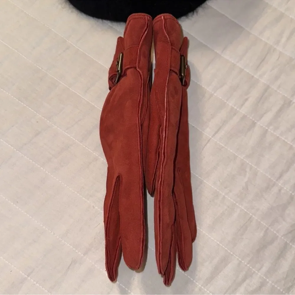 Escada OS Genuine Suede Leather Merlot Fur Lined Buckle Gloves